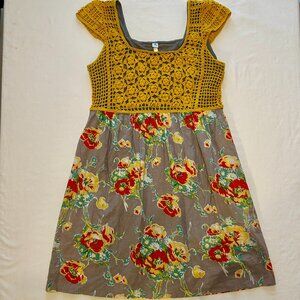 UNCLE FRANK, MUSTARD YELLOW AND GRAY, CROCHET TOP, COTTON MINI DRESS,  MED